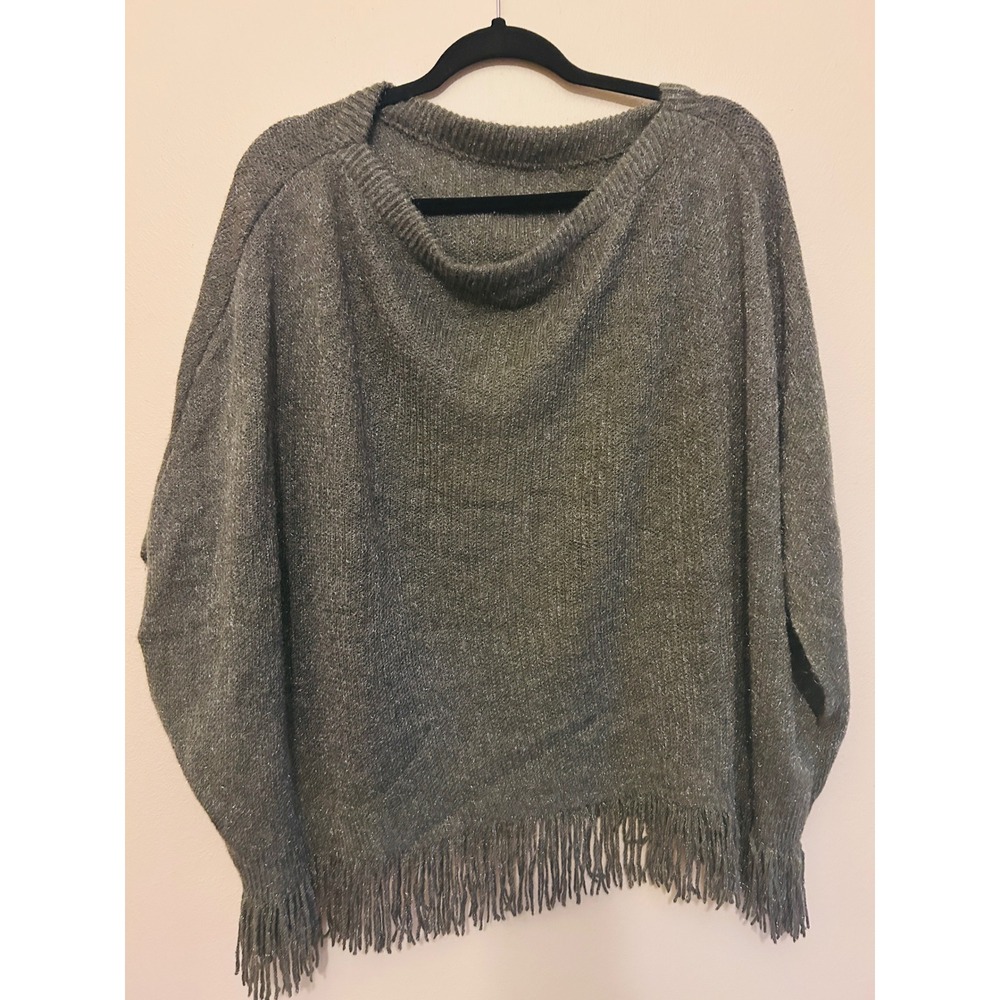 Unbranded Poncho Sweater Women One Size Gray Silver Excellent Metallic Fringe